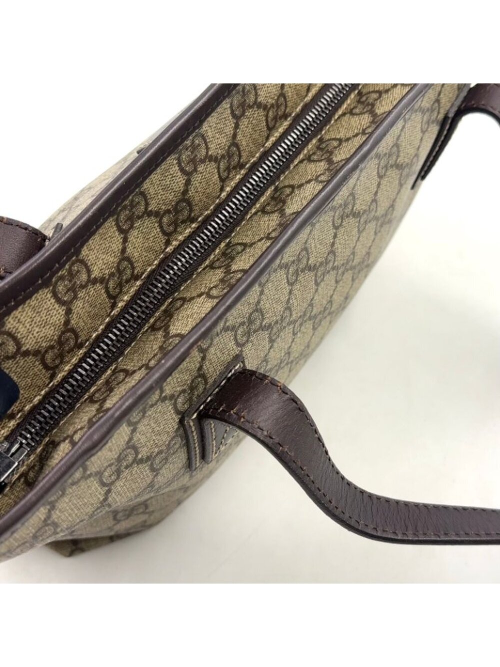 Gucci GG Supreme Leather Canvas Khaki Beige Dark Brown Tote Bag Silver - Picture 11 of 15